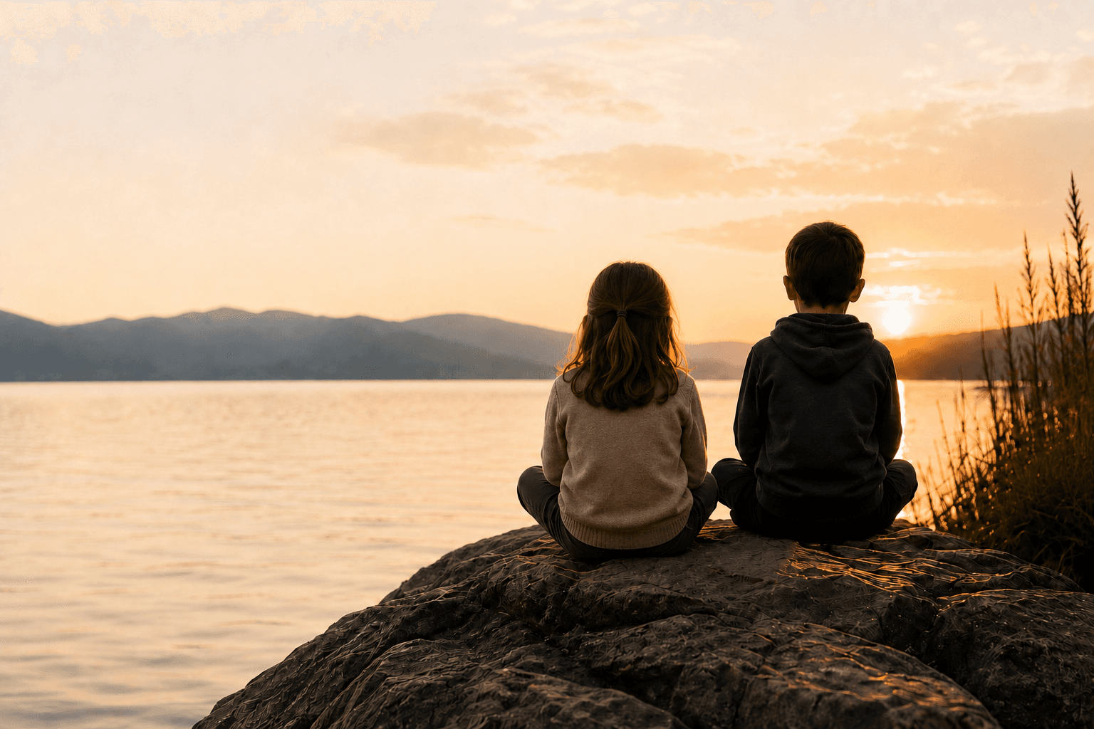 Ein Junge und ein Mädchen sitzen gemeinsam am Wasser und blicken in den Sonnenuntergang.